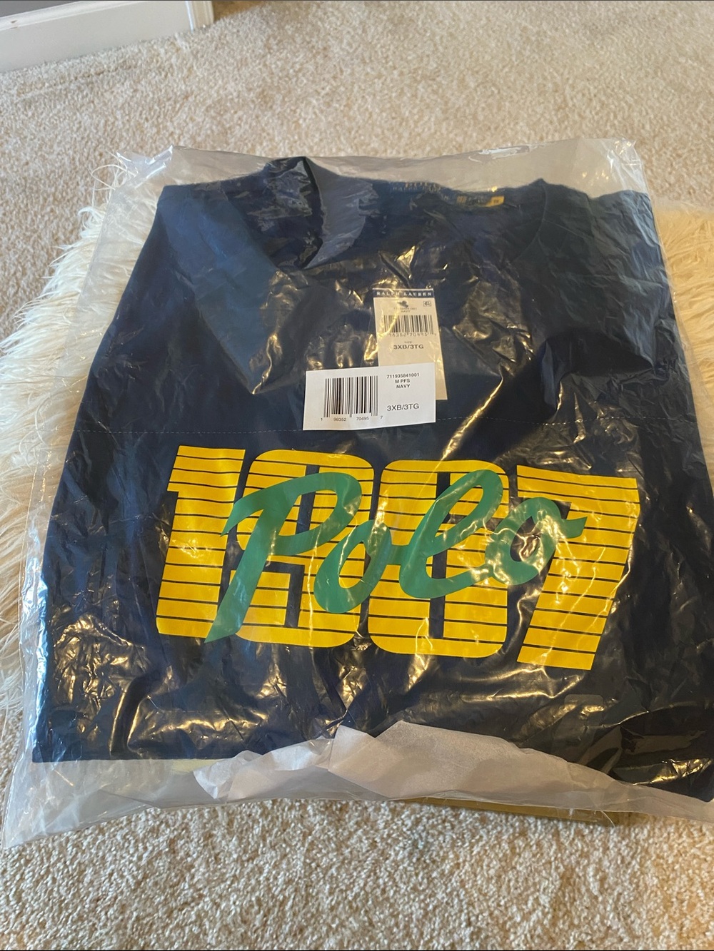 Ralph Lauren Navy Crewneck Tee with Yellow and Teal Logo Accents